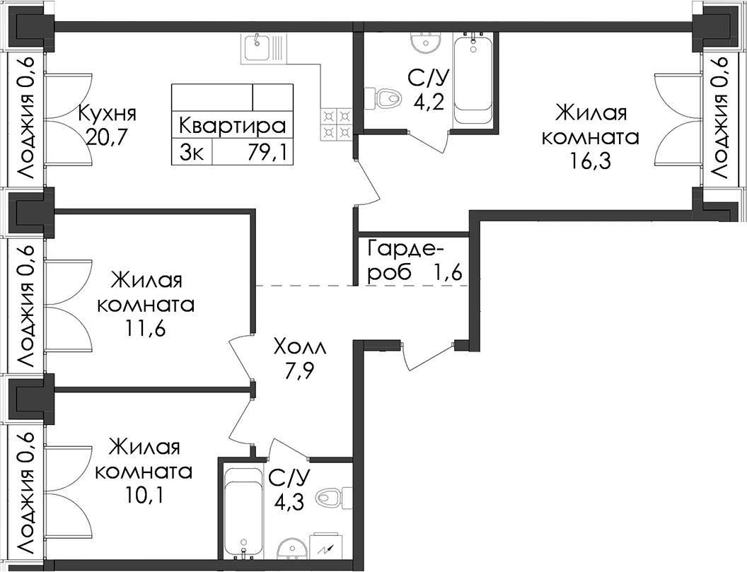 3-комнатная квартира 79.1 м², 9/9 эт., ЖК «Лермонтовский 54»